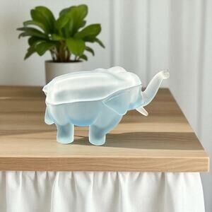 Vintage Tiara Indiana Glass Satin Blue Frosted Elephant Lidded Trinket Box